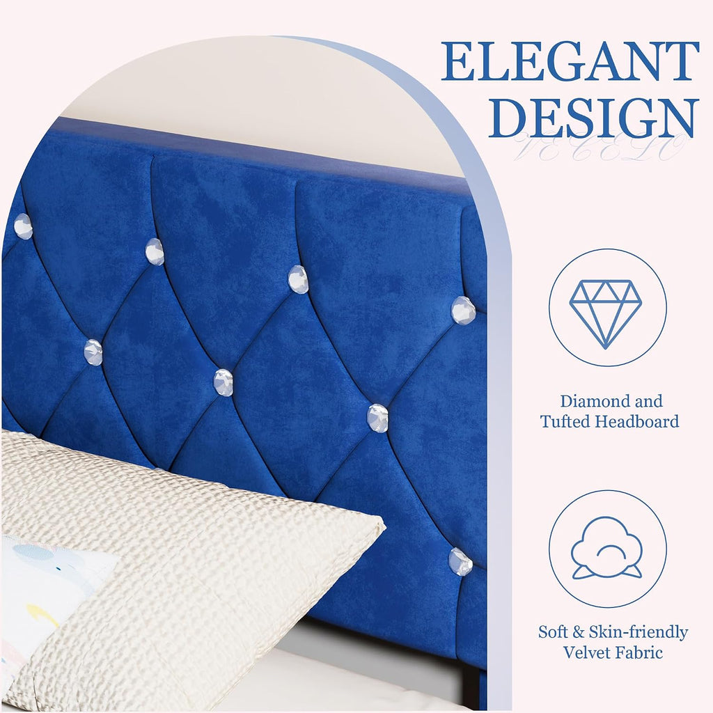 VECELO Twin Size Bed Frame, Upholstered Platform with Adjustable Diamond Tufted Headboard, Wood Slat Support, No Box Spring Needed, Navy Blue