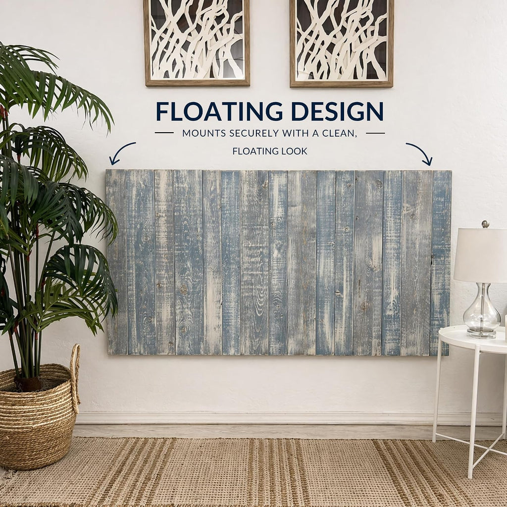 Barn Walls California King Wood Headboard - Blue Powderwash Farmhouse Design - Wall Mounted Floating Headboard for California King Bed - Handcrafted Solid Wood - Easy No-Drill Installation