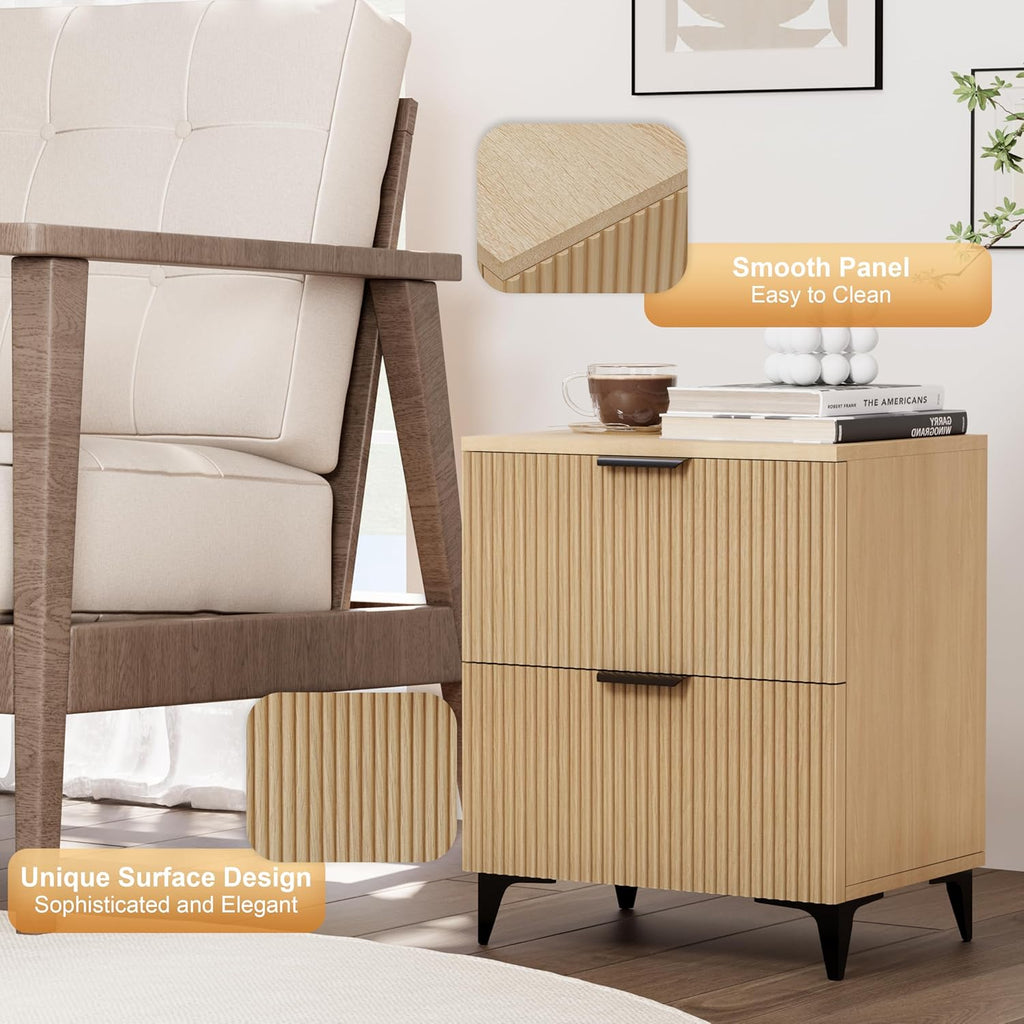 Royal Windsor Small Night Stand Set of 2, Fluted Nightstand with 2 Drawers, Side End Table with Storage, Modern Night Stand Bedside Table for Small Indoor Rooms, Natural Oak