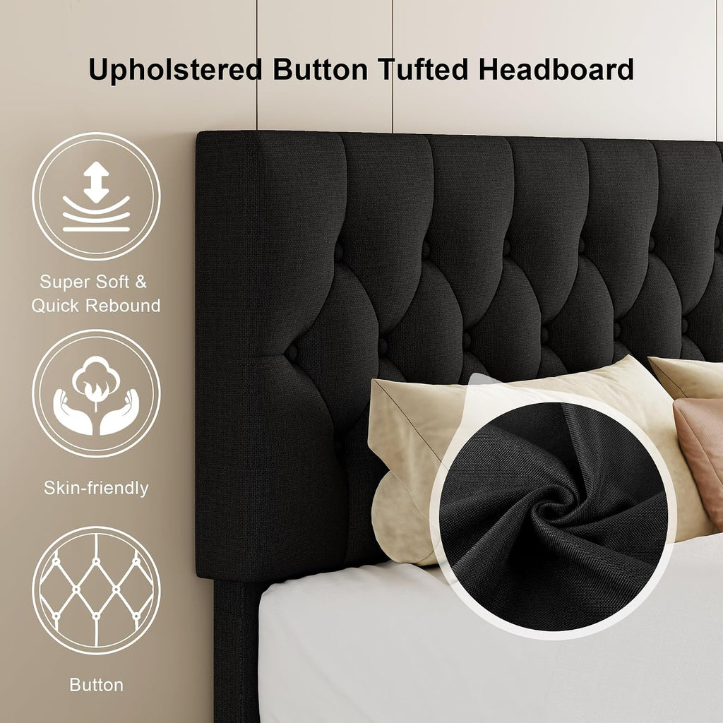 Feonase Full Size Platform Bed Frame with Button Tufted Headboard, Upholstered Linen Bed with Wooden Slats Support, No Box Spring Needed, Easy Assembly, Noise-Free, Black