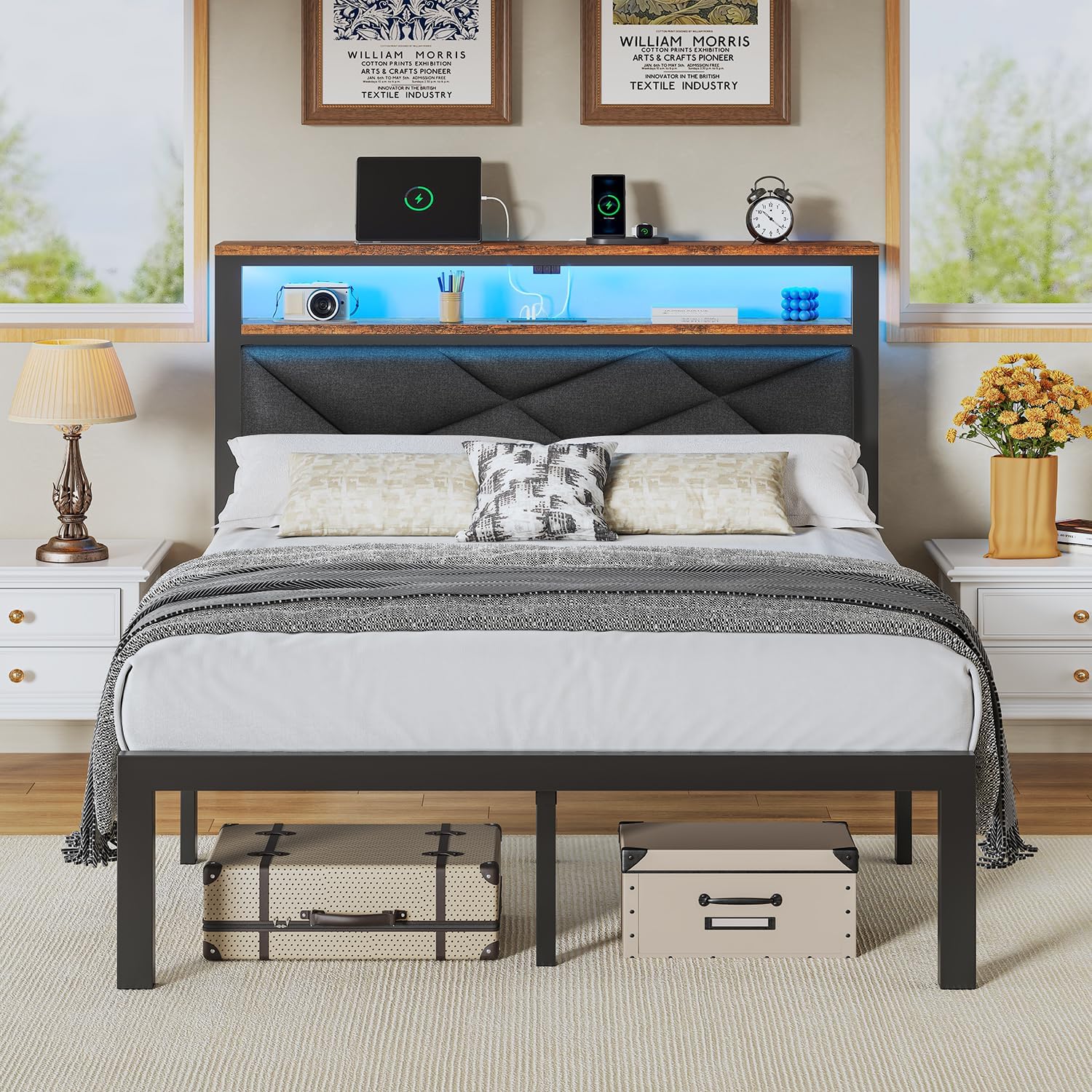 ChicZhiNest Full Size Bed Frame with 2 Tier Upholstered Storage Headboard and Under Bed Storage,Platform Bedframe with LED Lights and Charging Station, No Box Spring Needed,Easy Assembly,Grey