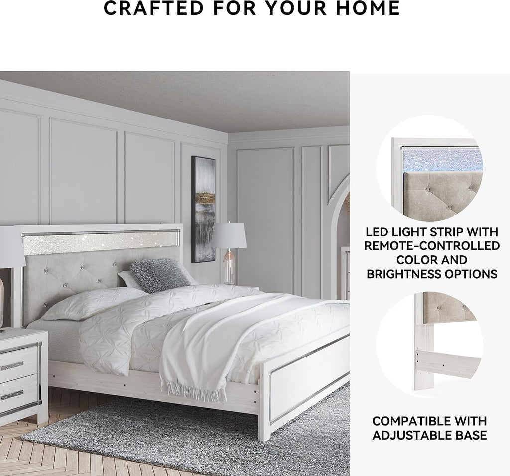 Signature Design by Ashley Altyra Contemporary Adjustable Tufted King Upholstered Panel Bed with LED Lights and Metal Slats, Foundation or Box Spring Needed, White & Gray