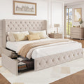 BRELTAM King Size Bed Frame with Storage Drawers and Wingback Headboard Linen Upholstered Platform Bed Frame Tufted Beds with Heavy Duty Wood Slats, Noise Free, Easy Assembly, Beige