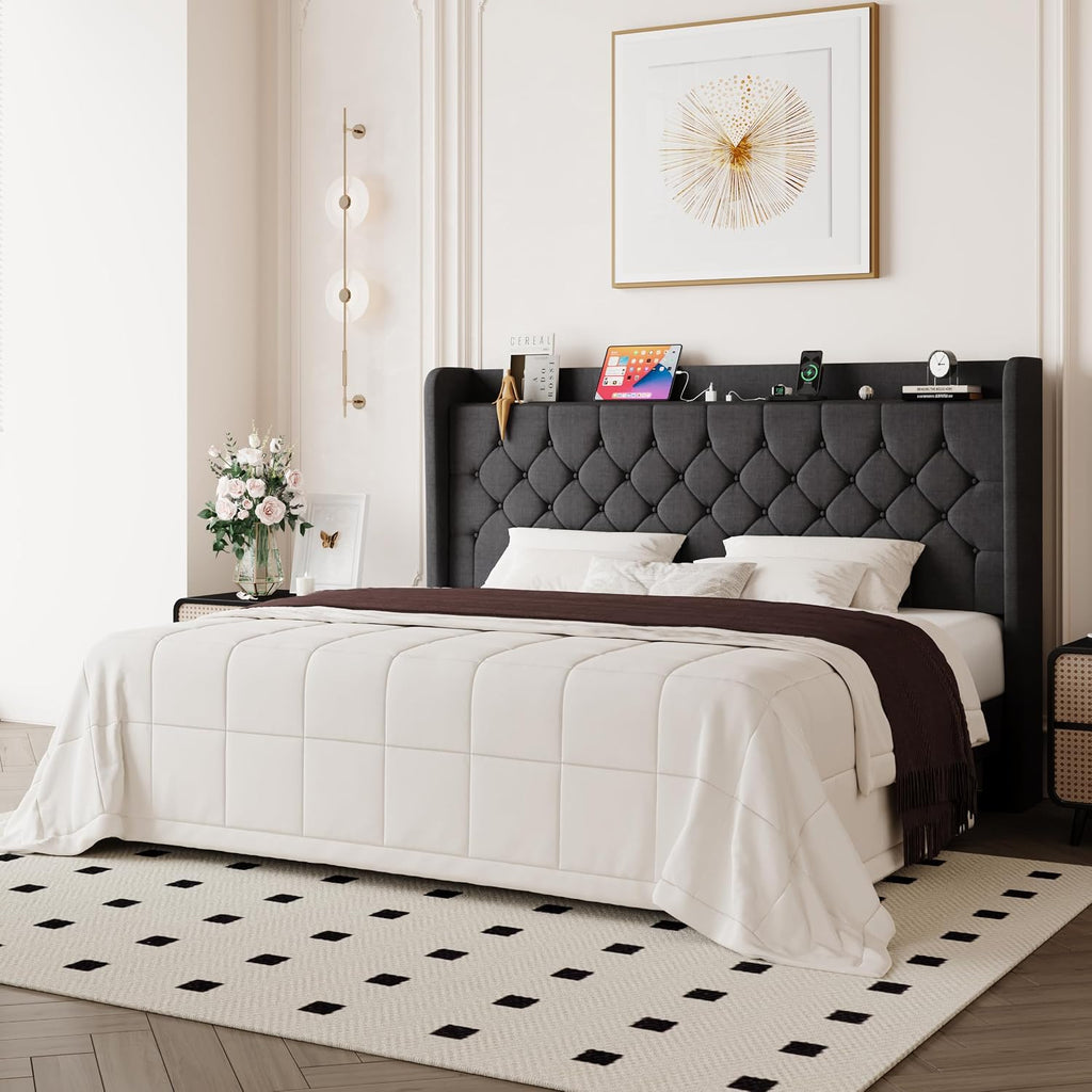 Allewie King Size Bed Frame, Storage Headboard with Charging Station,Wingback Linen Upholstered, Diamond Stitched Button Tufted, Sturdy Wooden Slats, No Box Spring Needed, Easy Assembly, Dark Gray