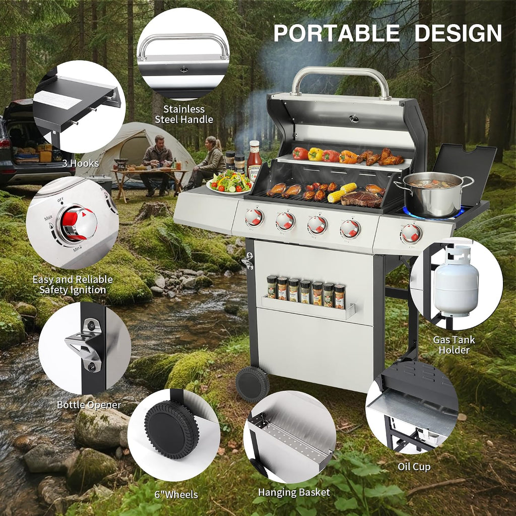 4-in-1 Propane & Charcoal Grill Combo, 4-Burner Gas Griddle with Side Burner, Cast Iron Grates, Outdoor BBQ for Patio & Backyard