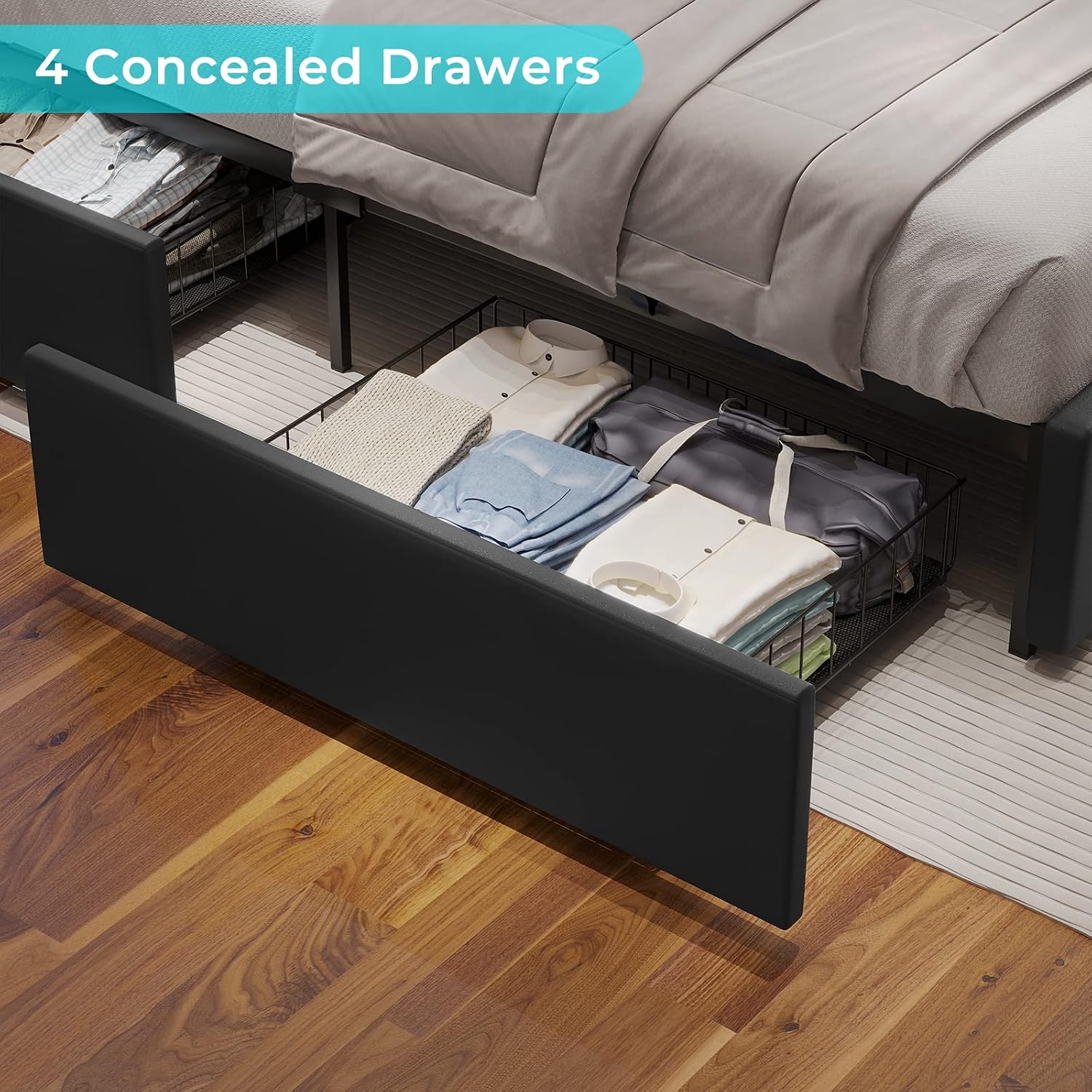 Hasuit Queen Bed Frame with 4 Storage Drawers Underneath, Upholstered Platform Bed Queen Size with Artificial Leather Headboard, Modern Bed with LED Light, and Charging Station, Black