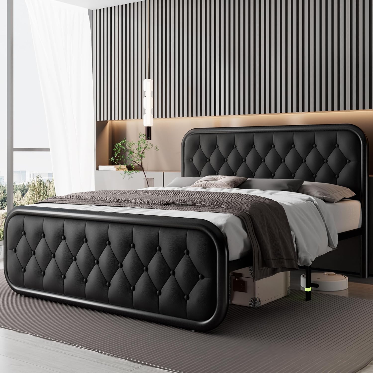 Feonase Full Size Bed Frame, Heavy Duty Bed Frame with Faux Leather Headboard, Upholstered Platform Bed with Strong Metal Slats, 12' Under-Bed Storage, Noise-Free, Easy Assembly, Black