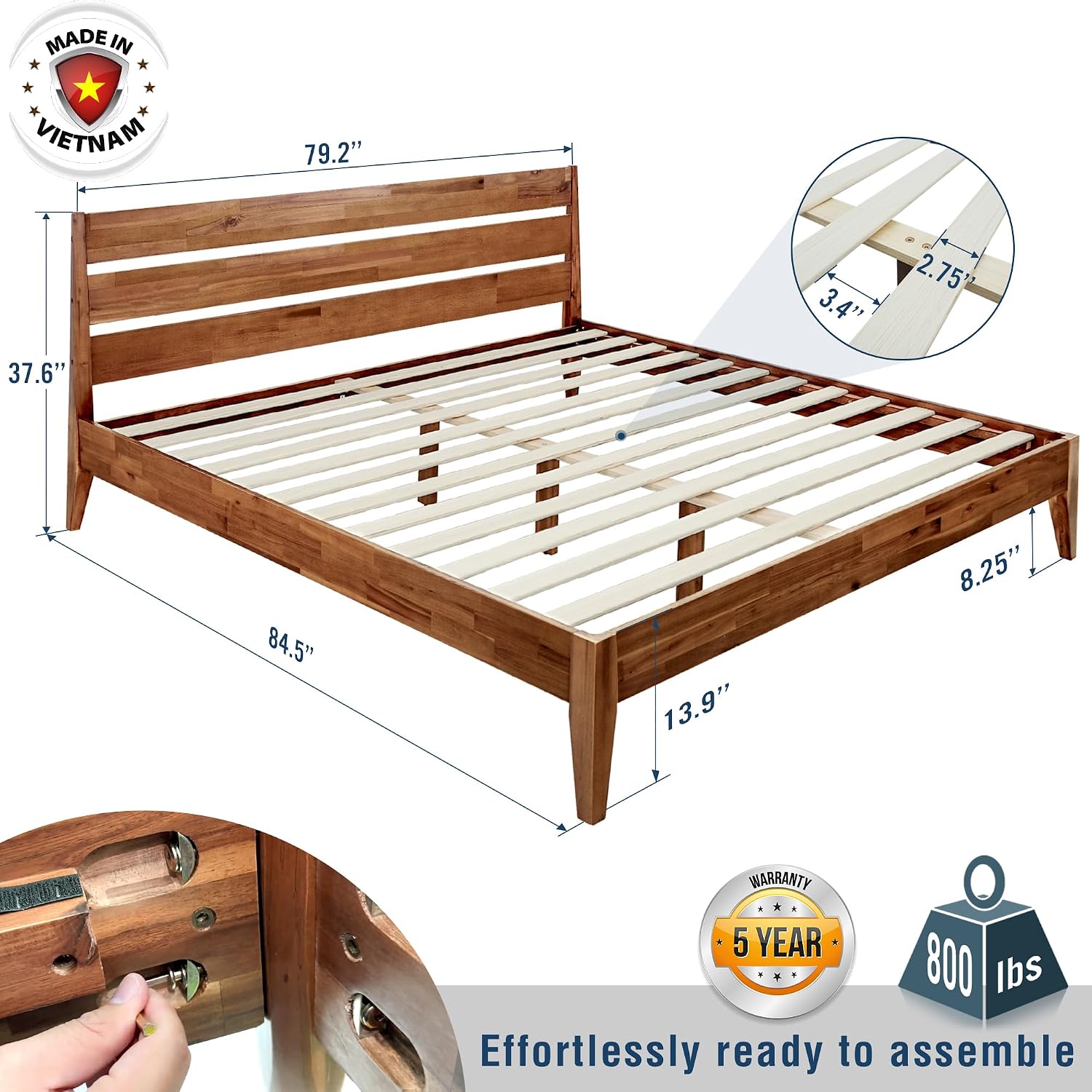 Acacia Emery Bed Frame with Headboard Solid Wood Platform Bed, King Size Bed Frame, Mid - Century Modern Wood Bed Compatible with All Mattresses, Easy Assembly, Non-Slip, Walnut