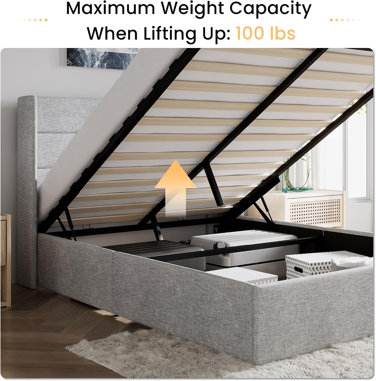 SHA CERLIN Full Size Lift Up Storage Bed/Modern Wingback Headboard/Upholstered Platform Bed Frame/Hydraulic Storage/No Box Spring Needed/Wood Slats Support/Light Grey