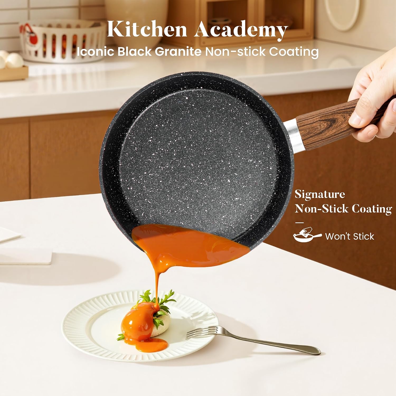 Kitchen Academy 17Pcs Induction Cookware Sets, Granite Pots and Pans Set Non Stick, Black Kitchen Cooking Pans, PFOA & PFOS Free