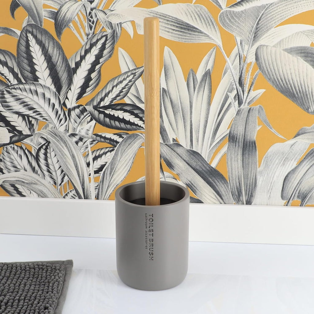 Matte Gray Bathroom Accessories with Natural Accents, Modern 6-Piece Set - Includes Soap Dispenser, Toothbrush Cup, Toilet Brush Holder, Cotton Box, Soap Dish and Pedal Trash Can