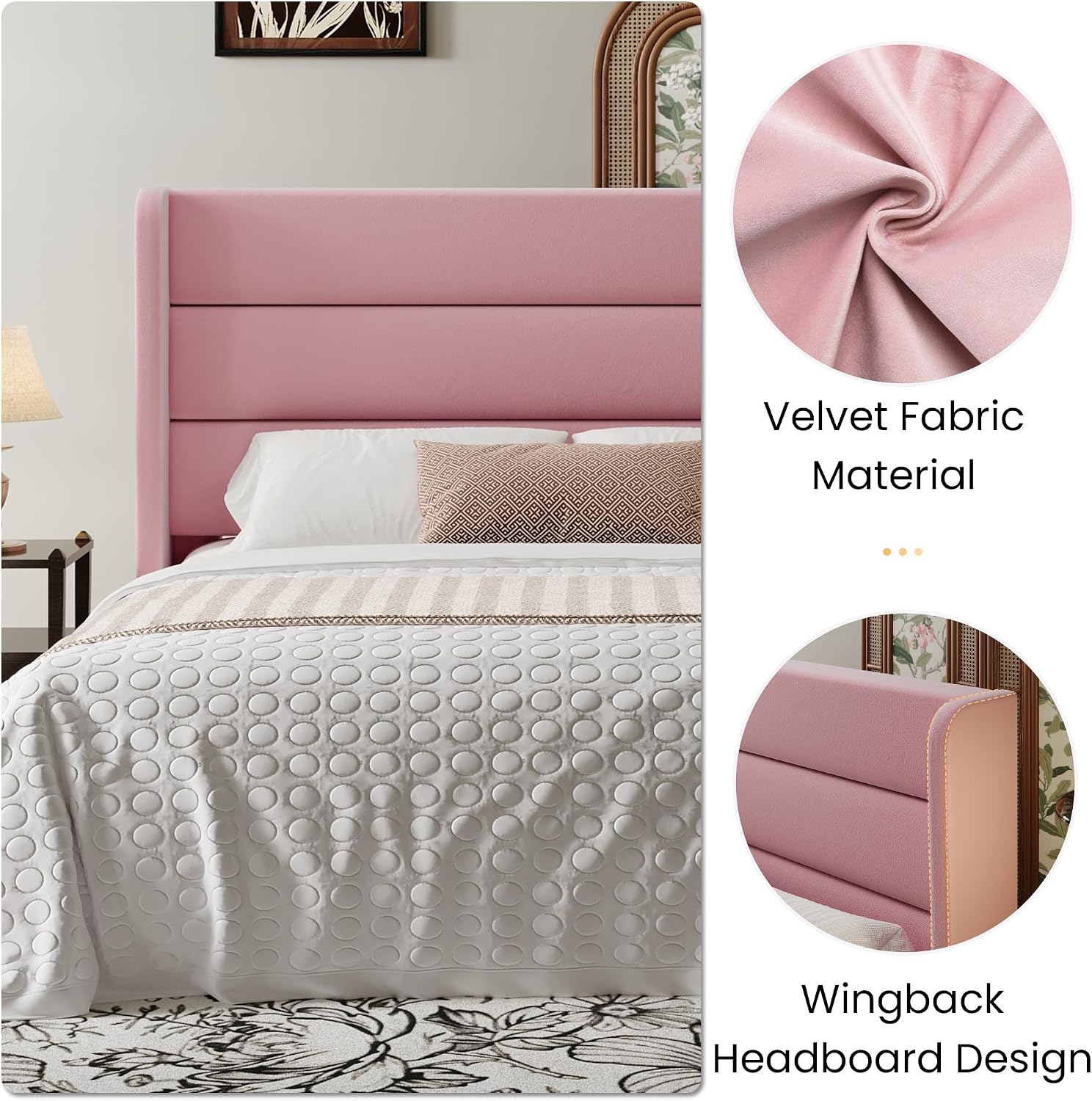 SHA CERLIN Full Size Velvet Bed Frame with Wingback Headboard/Upholstered Platform Bed with Wooden Slats/Mattress Foundation/No Box Spring Needed/Easy Assembly/Pink
