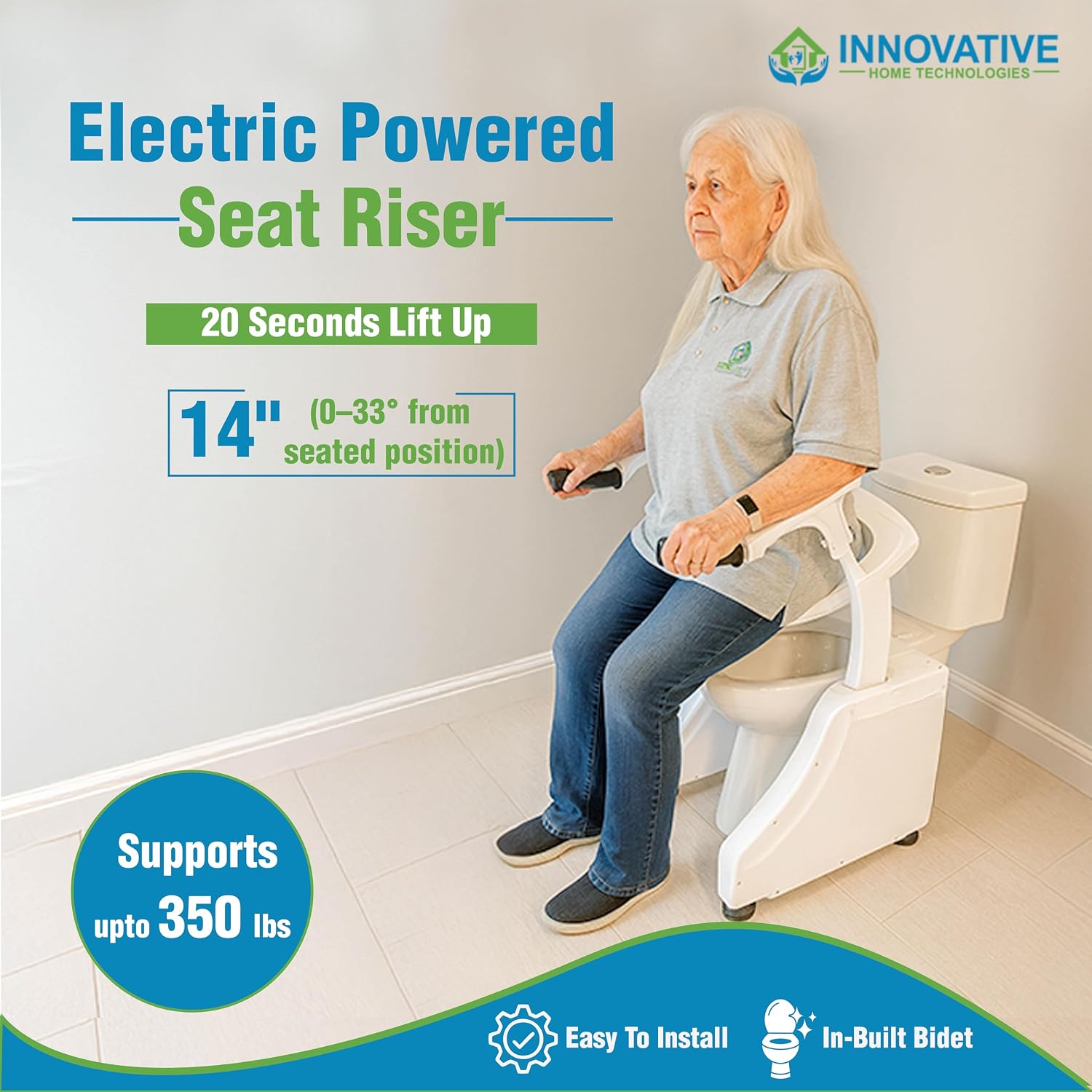 LuxeLift Bidet Powered Toilet Assist Lift Electric Height Adjustable Elevated Seat Riser Built-in Bidet & Dryer Safe Certified Easy Assembly 350 LBS Capacity