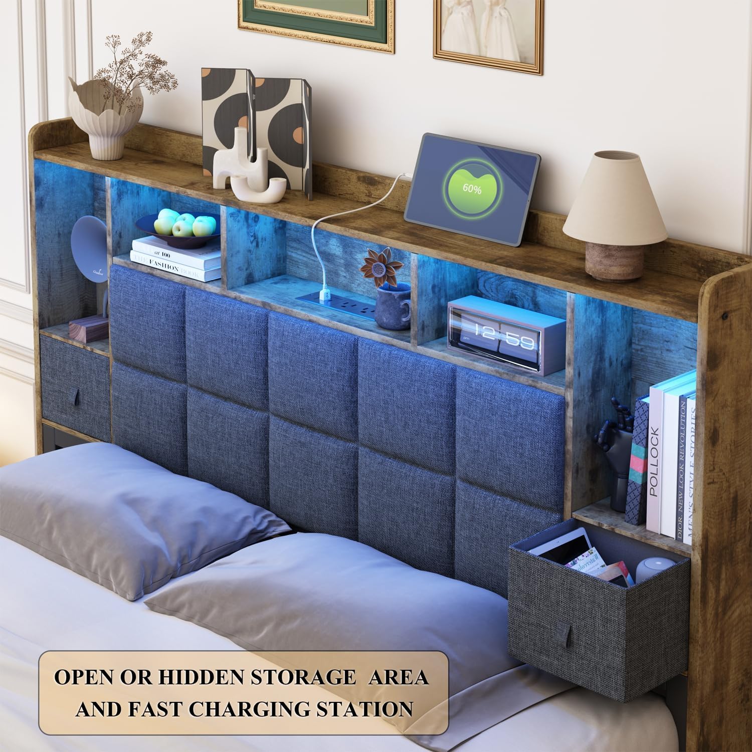 TIGUBFRE LED Bed Frame Full Size with Bookshelf Headboard, 2 Hidden Storage Drawers, Upholstered Platform Metal Bed Frame with Charging Station, Metal Slats Support, Noise Free, No Box Spring Needed