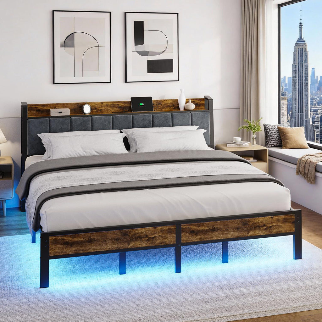 King Size Bed Frame with USB Charging Station, Storage Headboard with Smart LED Lights, Metal Platform Bed Noise Free, No Box Spring Needed, Easy Assembly