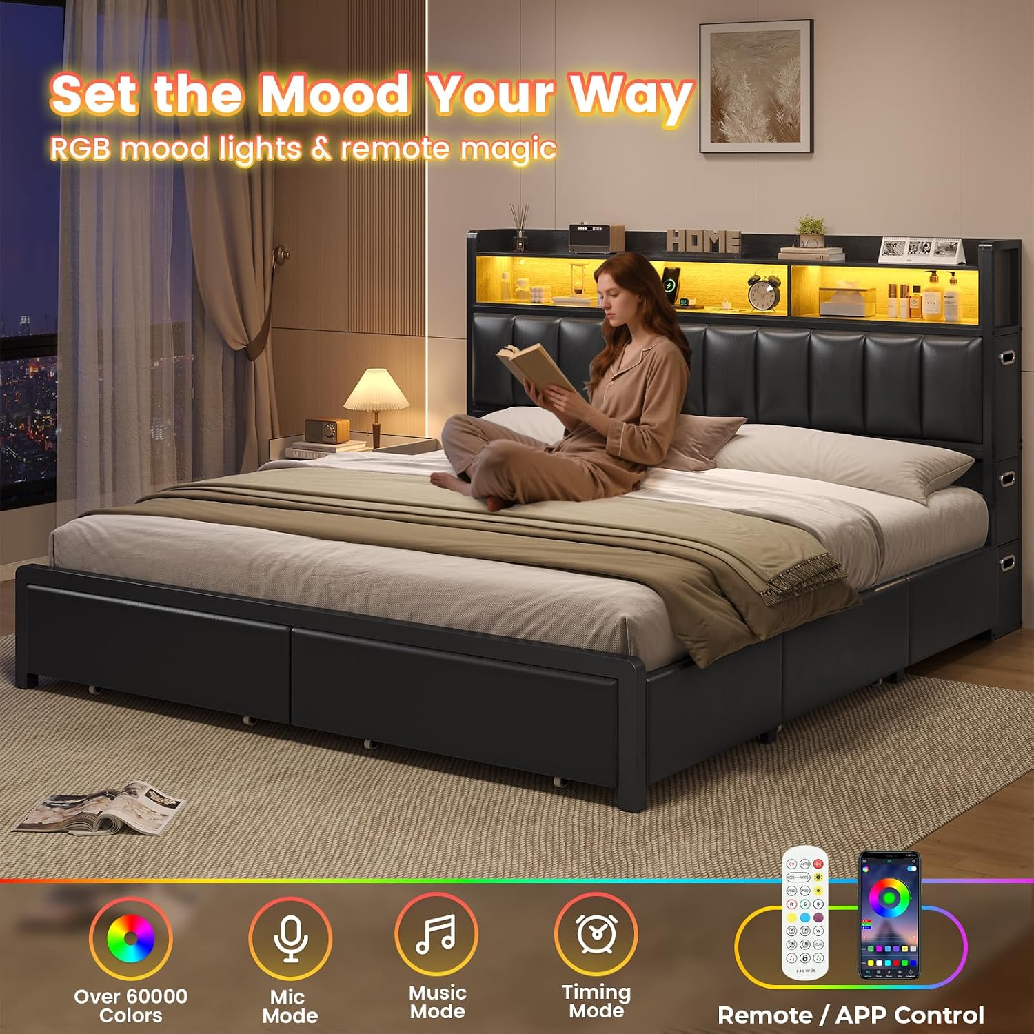 ADORNEVE King Size Bed Frame with 10 Storage Drawers & RGB Bookcase Headboard, PU Upholstered King Bed with Charging Station, Heavy Duty Metal Slats, No Box Spring Needed, Black
