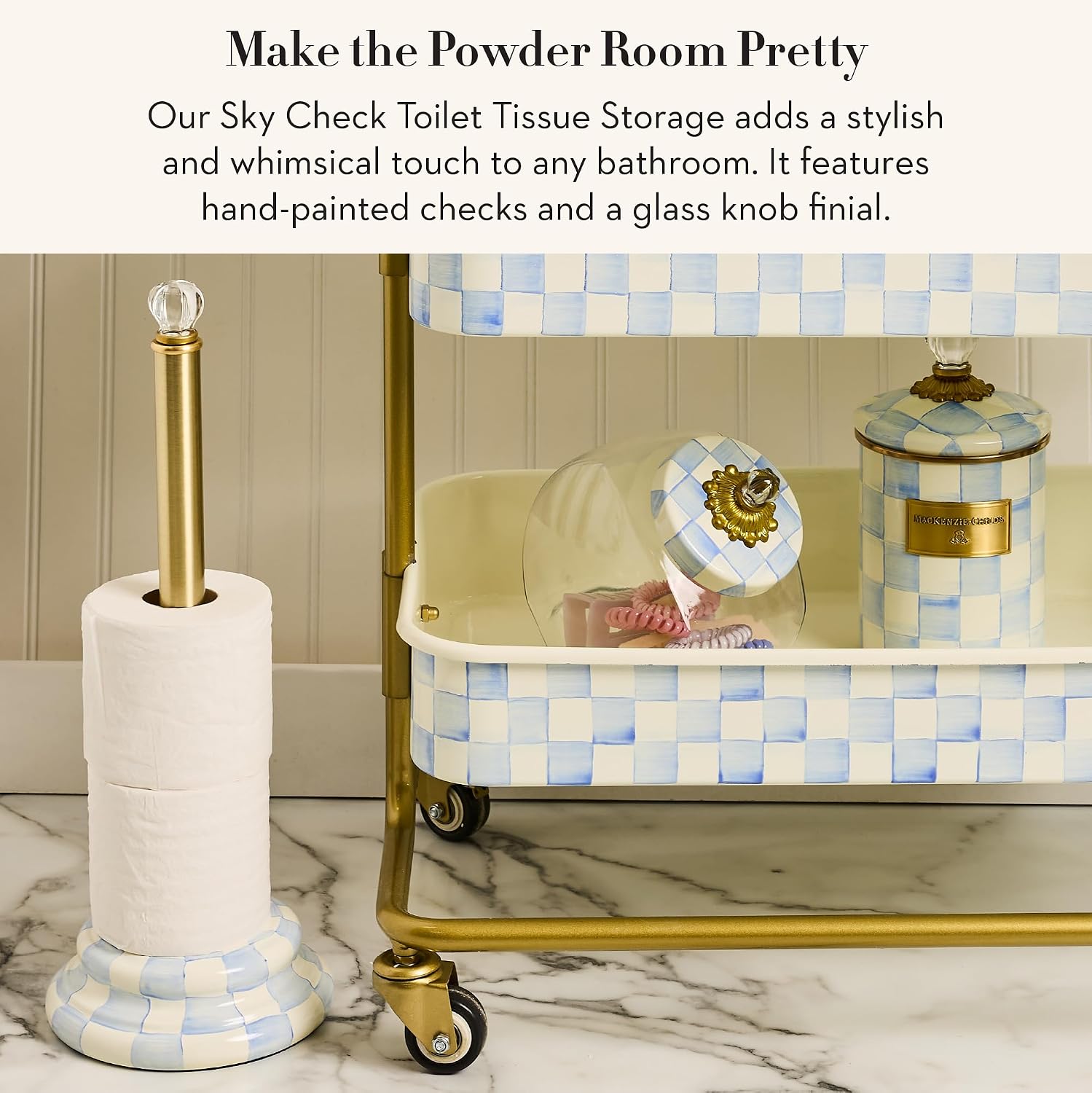 MACKENZIE-CHILDS Enamel Toilet-Tissue Storage, Decorative Toilet-Paper-Holder Stand for Bathroom, Light-Blue-and-White Sky Check