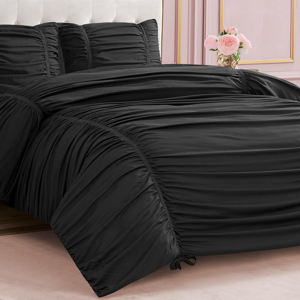 Juicy Couture Ribbon Ruched 3 Piece King Comforter Set, Black Bedding Ensemble