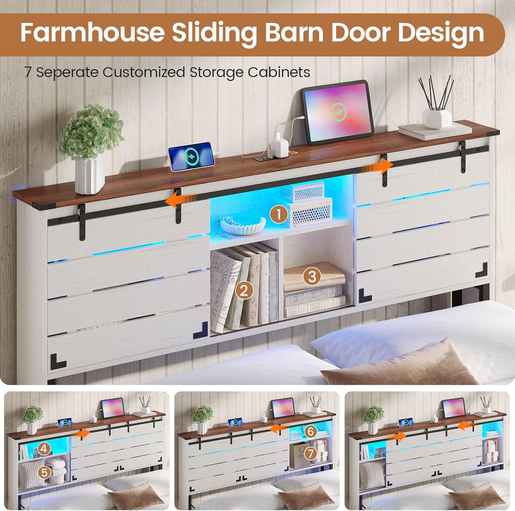 VIAGDO Wooden Bed Frame Full Size with Bookcase Headboard and Sliding Barn Door, Farmhouse Bed Frame Full Size with Charging Station, LED Lights and 4 Storage Drawers, No Box Spring Needed, White