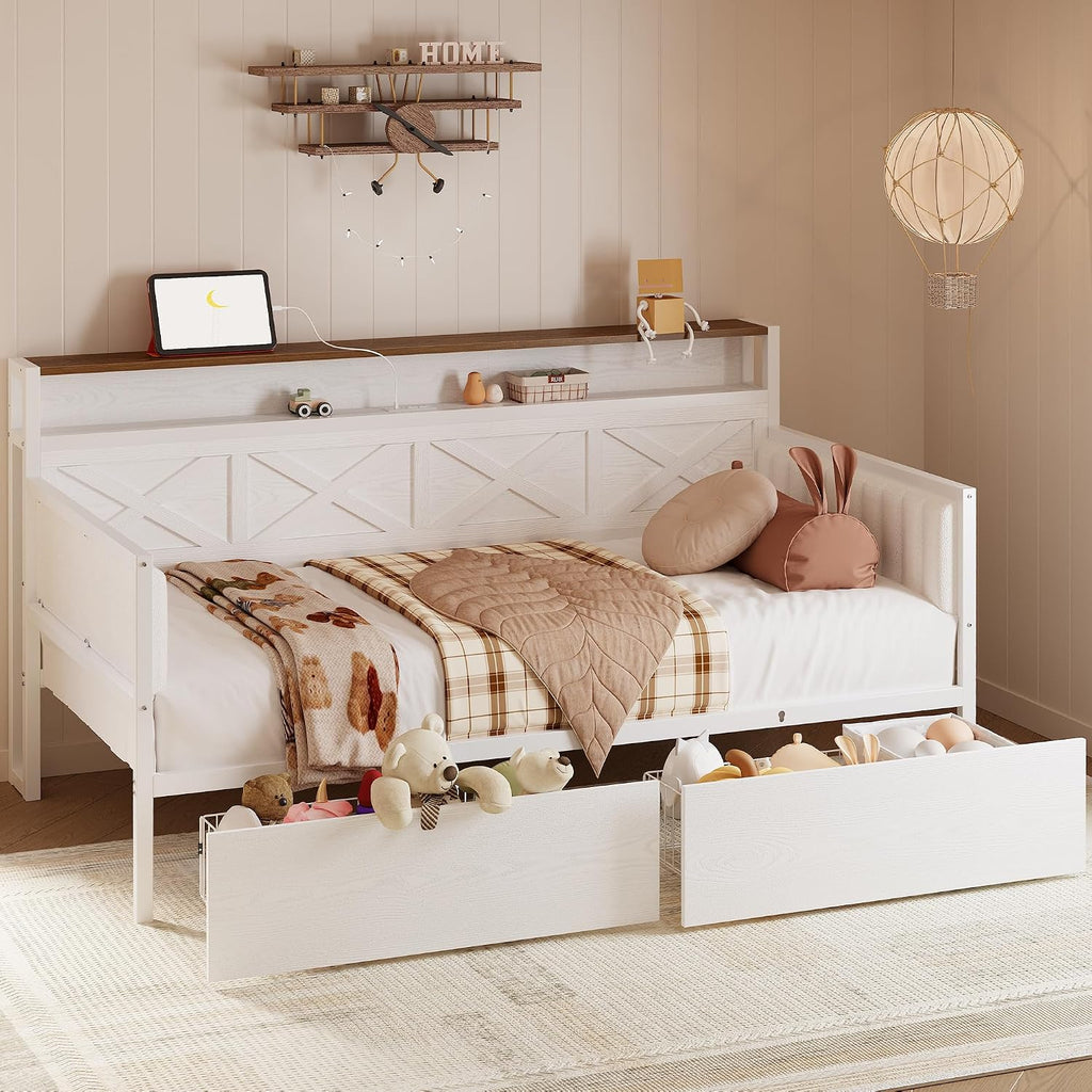 IRONCK Twin Size Daybed with Storage Drawers, Sturdy Metal Bed Frame with X-Shaped Headboard and Charging Station, Upholstered Farmhouse Daybed for Living Room, Bedroom, and Guest Room, White/Walnut