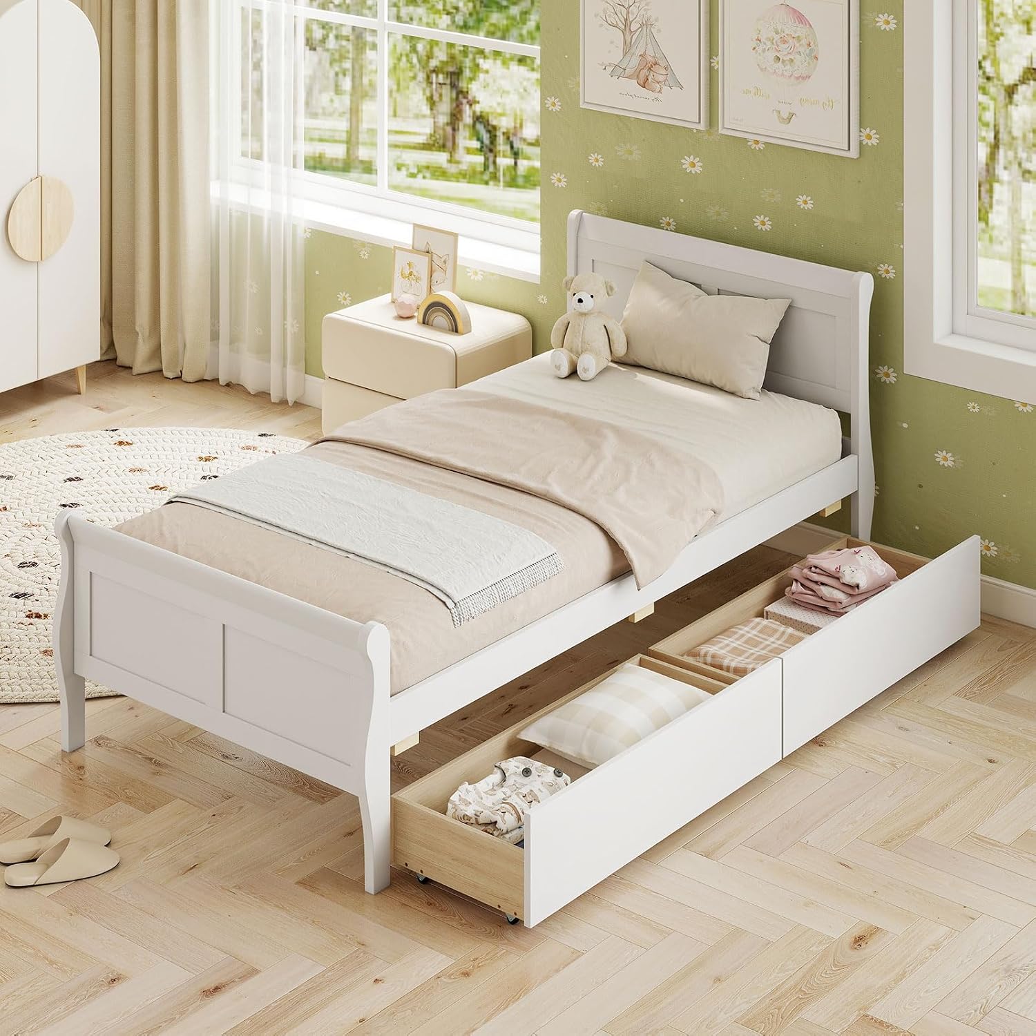 KOMFOTT 2 Twin Bed with 2 Drawers, Twin Storage Bed with Headboard for Bedroom, Sleigh Wood Bed Frame with Wooden Slats Support for Kids, Teens, Adults, No Box Spring Needed (White)