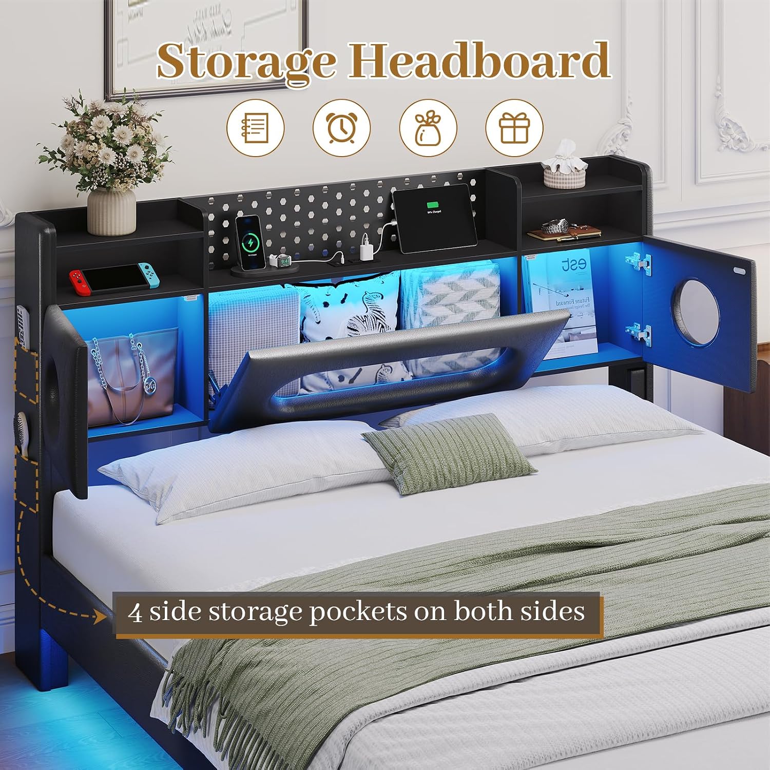 Floating Bed Frame Queen,Queen Bed Frame with Headboard & LED Light &Charging Station,Bed Frame Queen Size Leather Metal Platform Noise-Free,Floating Bed Frame No Box Spring Needed,Easy Assembly,Black