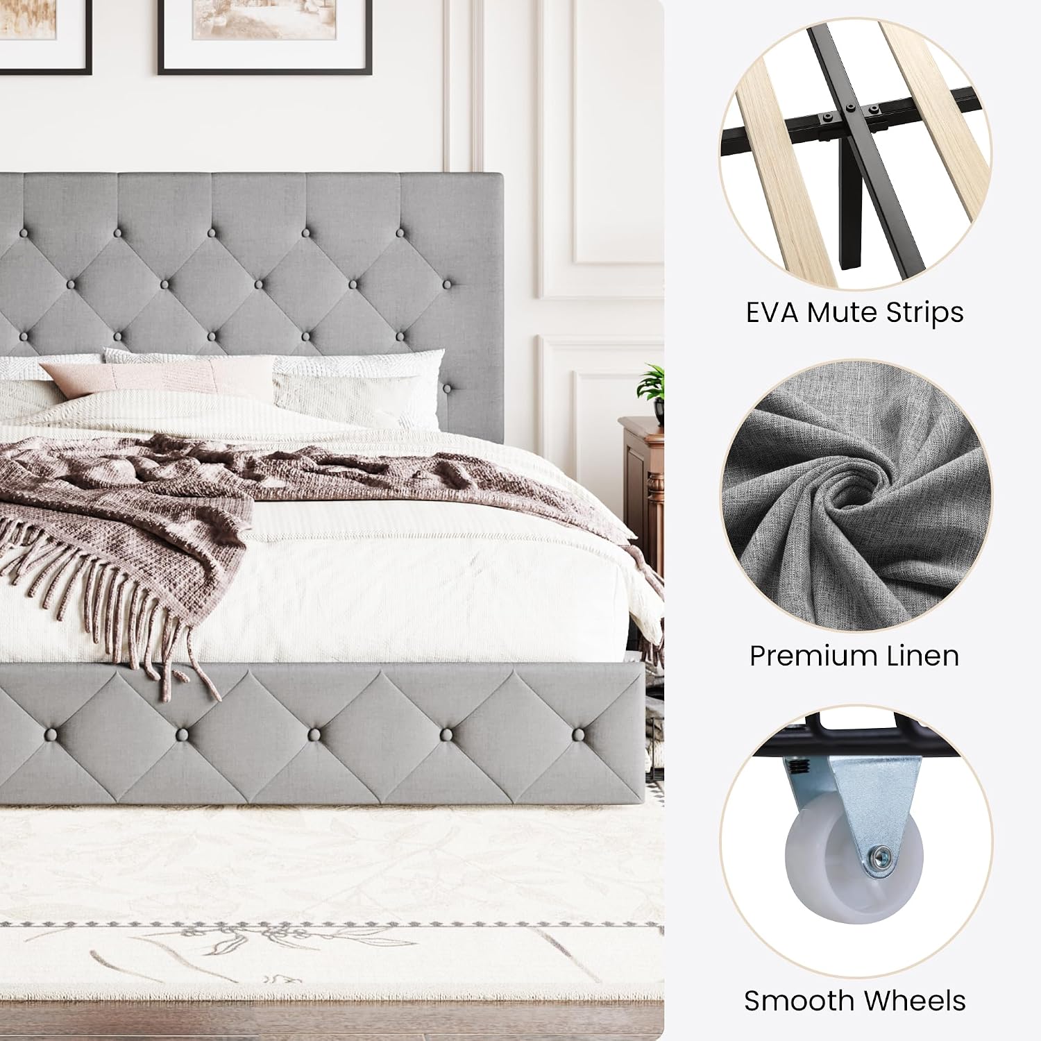 SHA CERLIN Upholstered King Size Platform Bed Frame with 4 Storage Drawers, Adjustable Headboard with Diamond Stitched Button Tufted Design, Wooden Slat Support, No Box Spring Needed, Light Grey