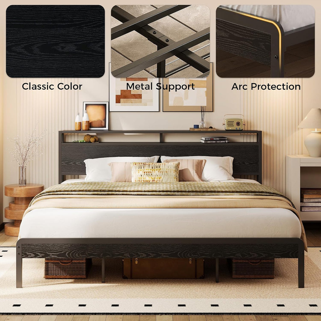 LIKIMIO California King Bed Frame with Headboard, Dark Wood Camas California King with Strong Supports, Sturdy, Noise-Free, No Box Spring Needed, Black