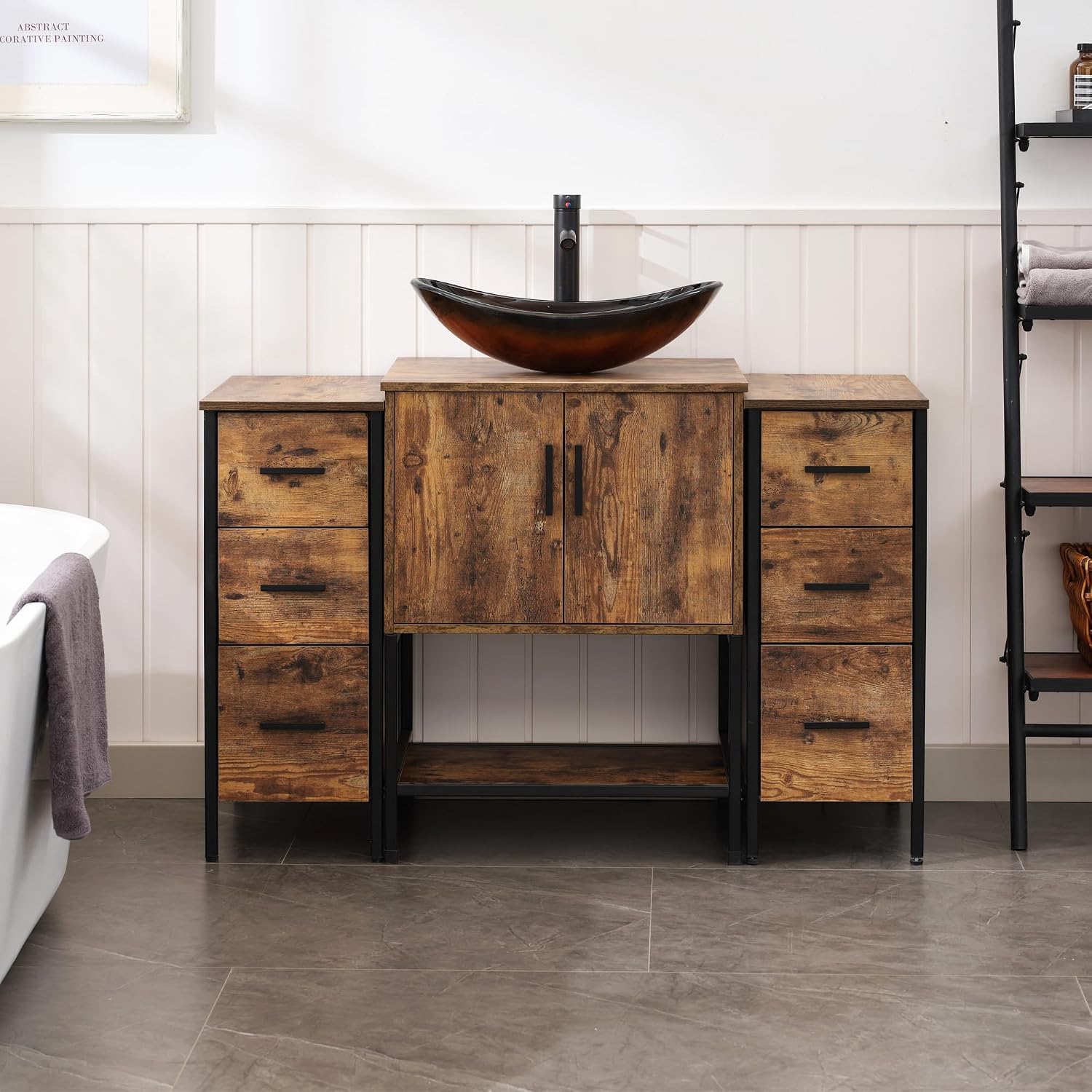 UEV 48' Rustic Brown Bathroom Vanity with Sink Combo,Industrial Iron Frame Bathroom Cabinet Sets with Doulbe 3 Drawers Side Cabinet,Modern Brown Boat Tempered Glass Vessel Sink(029BR)