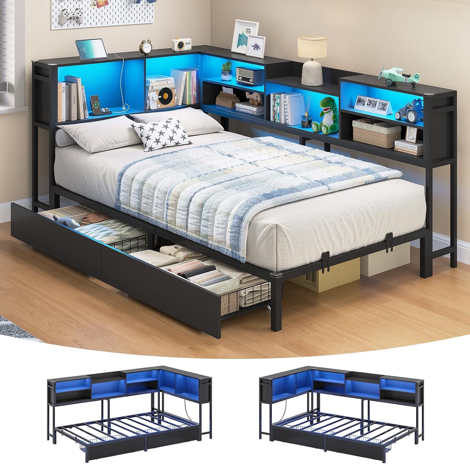 Hasuit Corner Bed Frame Twin with 2 Drawers and Storage Bookcase, Daybed with Charging Station and LED Lights, Metal Platform Bed with Bookshleves,Twin Size Bed Frame for Kids Teens Guests, Black