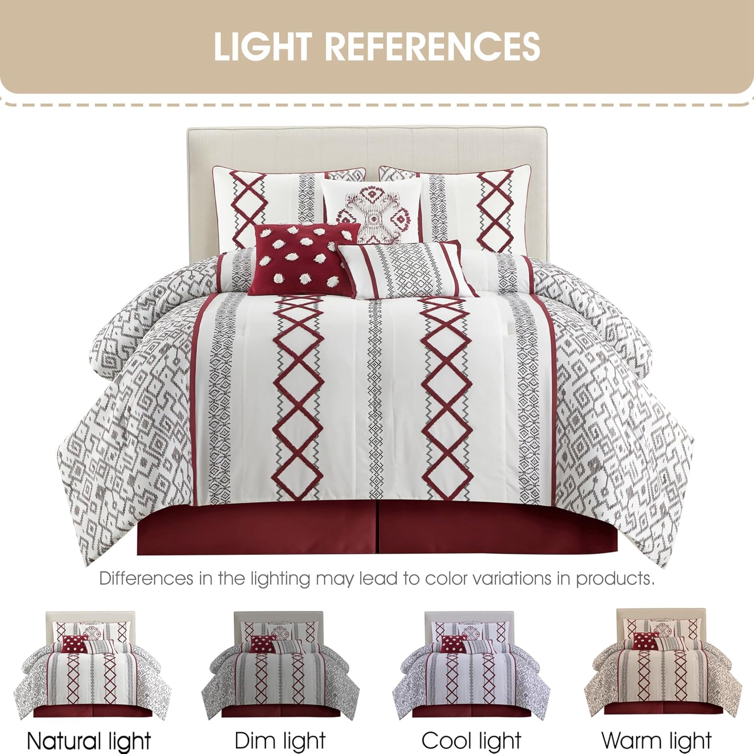 Grand Avenue White Red Comforter Set King Size, 7 Piece Terry Embroidery All Season Bedding Set, Bedskirt, Pillows & Shams