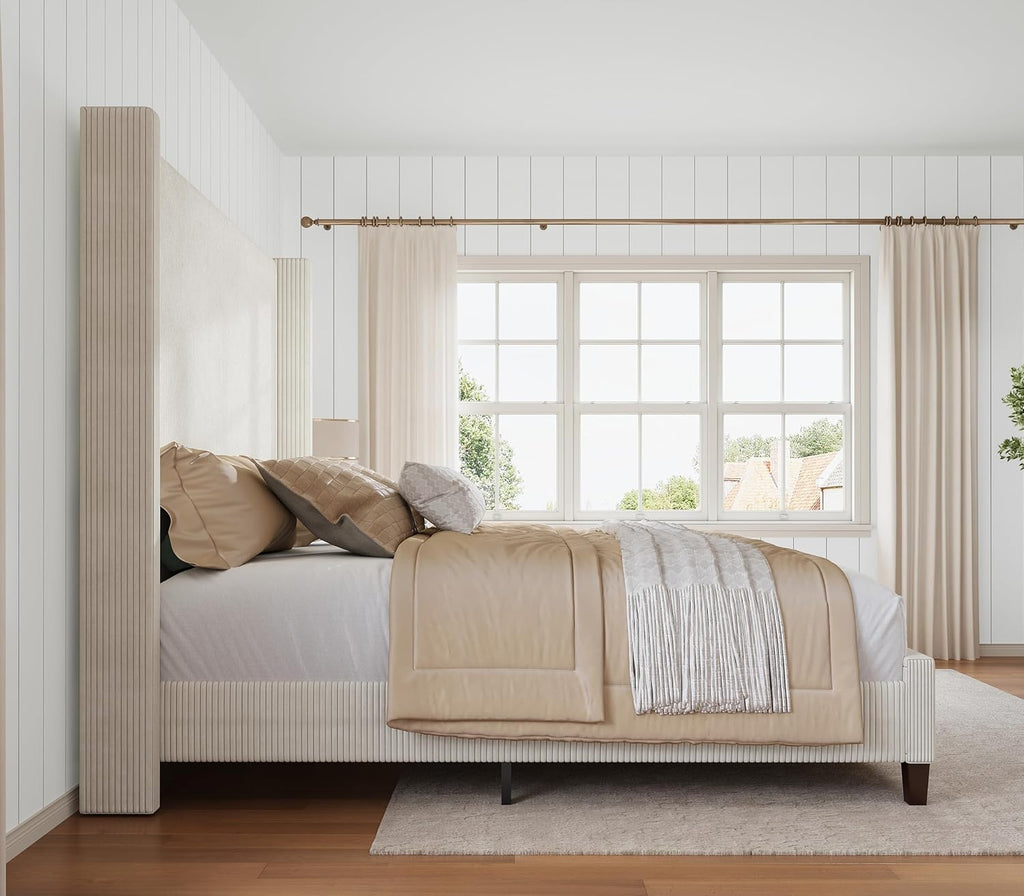 HOWE Queen Size Bed Frame with 61.4' Extra Tall Headboard, Corduroy Upholstered Bed with Vertical Wingback Headboard, No Box Spring Needed/Noise Free/Solid Wood Slats & Legs/Cream