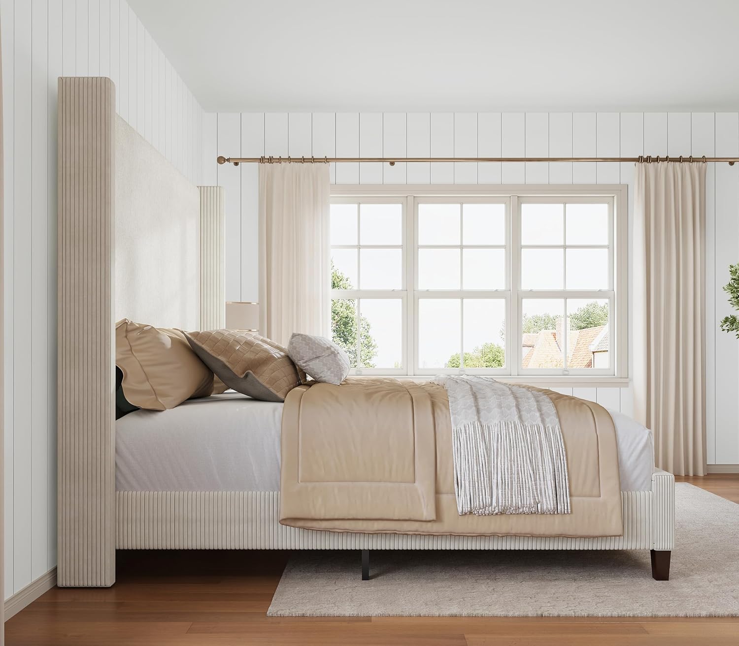 HOWE Queen Size Bed Frame with 61.4' Extra Tall Headboard, Corduroy Upholstered Bed with Vertical Wingback Headboard, No Box Spring Needed/Noise Free/Solid Wood Slats & Legs/Cream