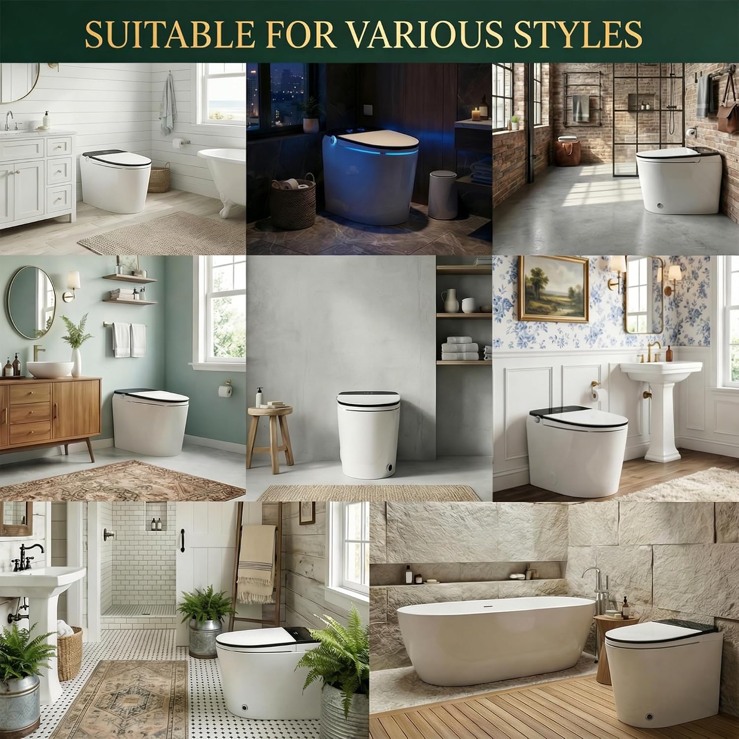 18' Tall Smart Toilet with Bidet Built In,ADA One Piece Modern Elongated Electric,Tankless Toilets with Warm Water Sprayer and Dryer,Foot Sensor Operation,Bidet with Heated Seat LED Display