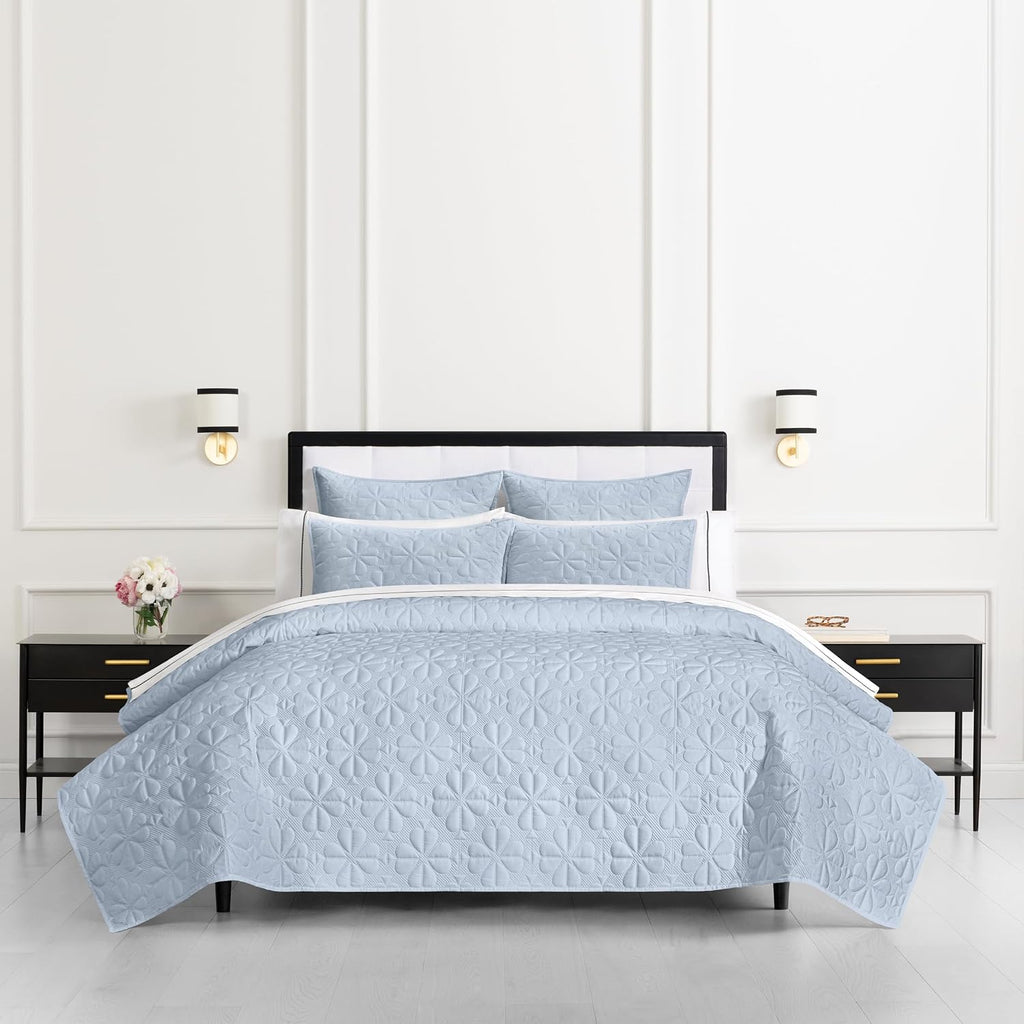 kate spade new york Spade Floral 2-Piece Twin Quilt Bedding Set, 100% Cotton Sateen Reversible Cover, All Season Warmth Bedding, Machine Washable, Halogen Blue