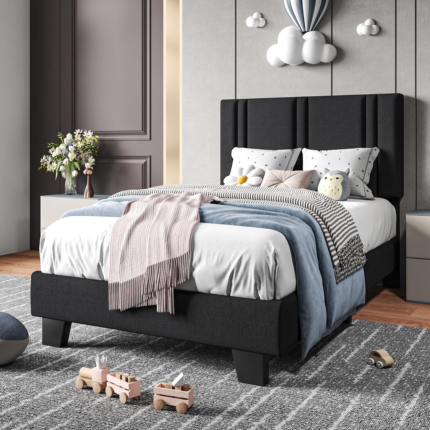 Einhomn Upholstered Twin Size Bed Frame with Linen Fabric Headboard, Strong Wooden Slats Support, Noise Free, No Box Spring Needed, Black