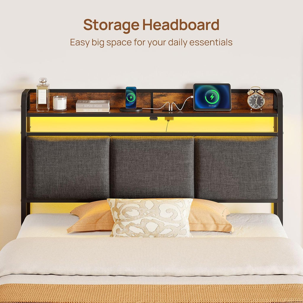 Rolanstar Bed Frame Twin Size with Charging Station and LED Lights, Upholstered Storage Headboard with Drawers, Heavy Duty Metal Slats, No Box Spring Needed, Easy Assembly, Rustic Brown