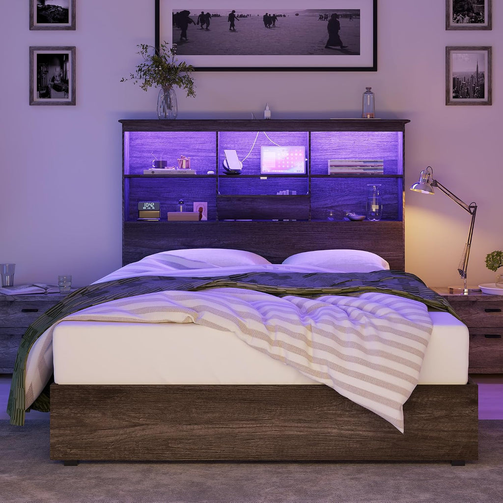 AMERLIFE Queen Size Bed Frame Wooden Platform Bed with 51.2' LED Storage Bookcase Headboard, 4 Storage Drawers & Charging Station/No Box Spring Needed/Noise Free/Rustic Grey