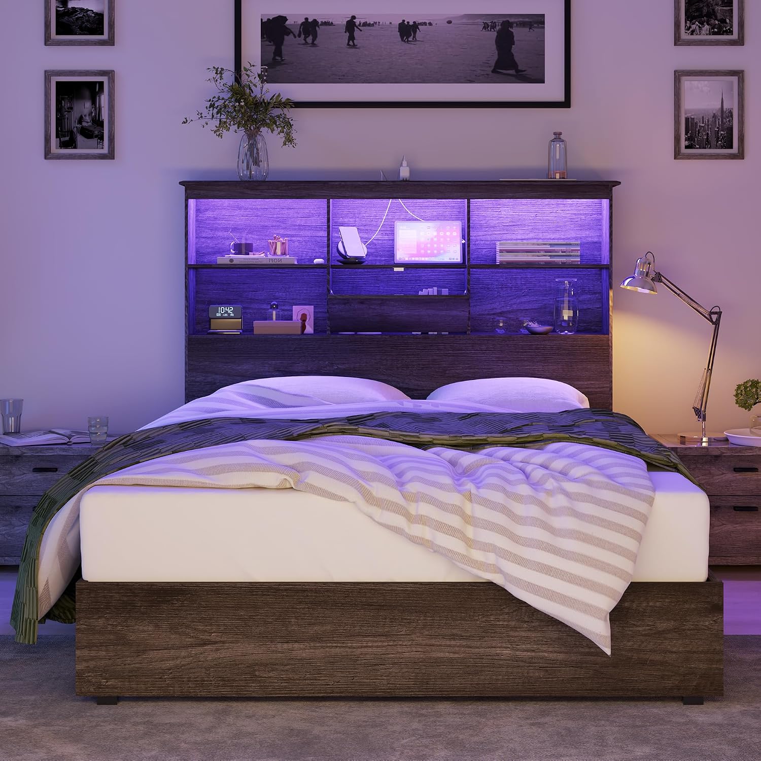 AMERLIFE Queen Size Bed Frame Wooden Platform Bed with 51.2' LED Storage Bookcase Headboard, 4 Storage Drawers & Charging Station/No Box Spring Needed/Noise Free/Rustic Grey