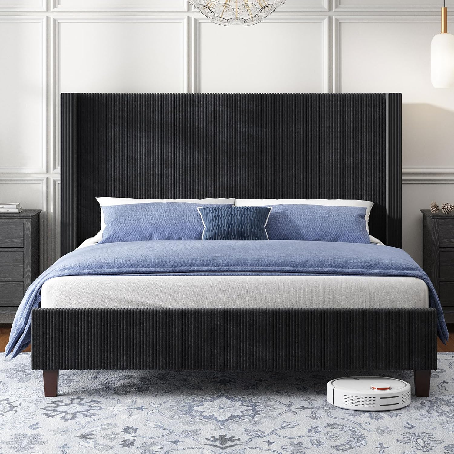 HOWE King Size Bed Frame with 50.8' Tall Wingback Headboard, Modern Corduroy Upholstered Platform Bed Frame with Solid Wood Slats & Legs, No Box Spring Needed, Noise-Reducing Design, Black