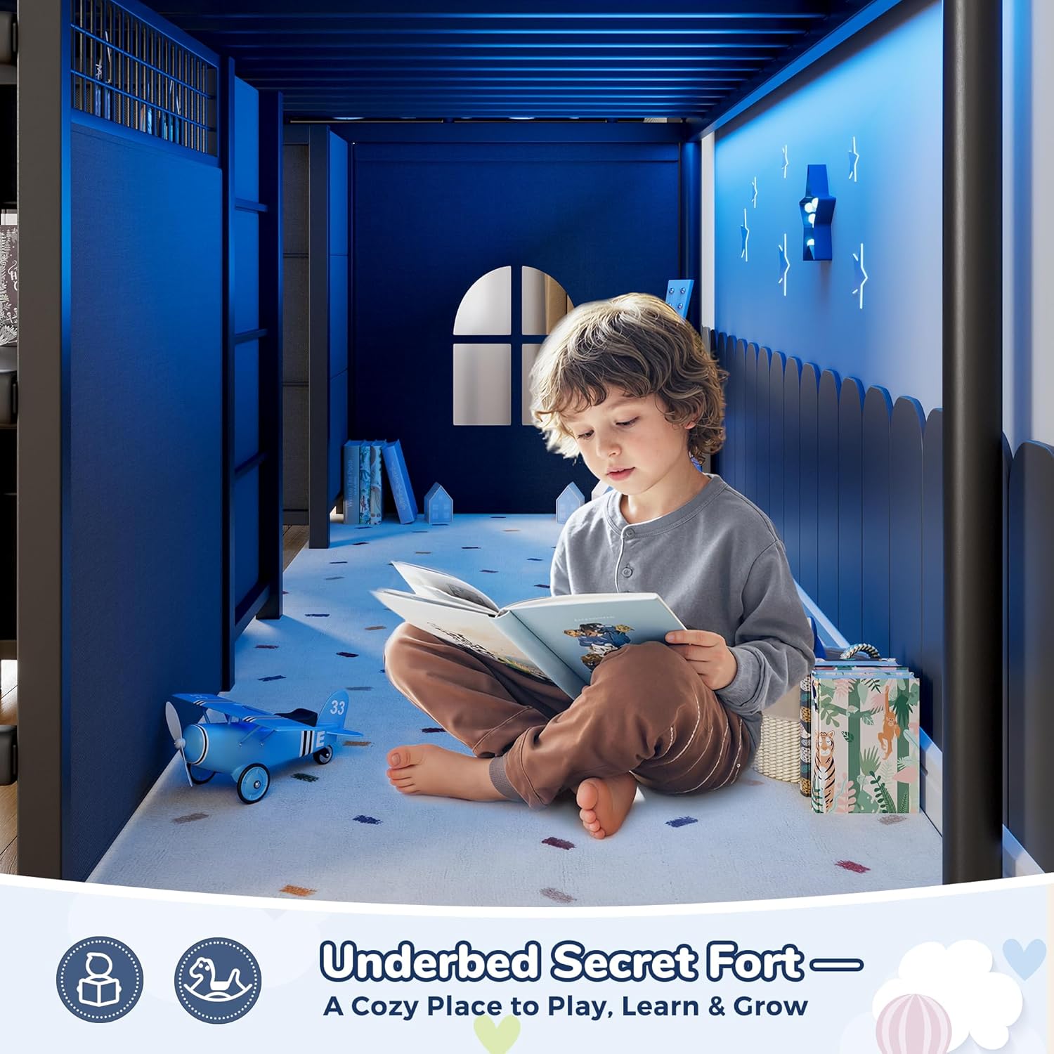 Low Loft Bed Twin Size with 7 Storage Drawers, Desk and LED Lights, Heavy Duty Metal Kids Loft Bed with 12' H Safety Guardrail, Anti-Collision Pad, Private Play Curtain, Under-Bed Play Space - Black