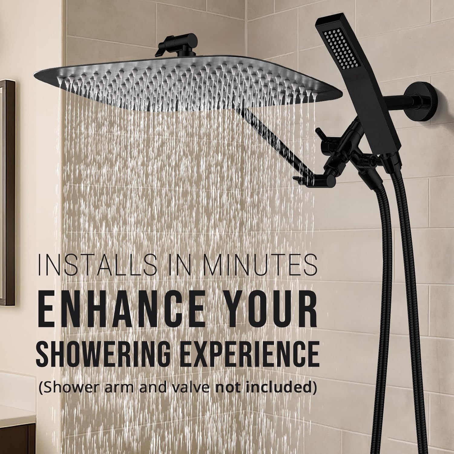 G-Promise All Metal 16 Inch Dual Square Shower Head with Handheld Spray Combo, Rain Shower Head, Adjustable Extension Arm, 3-Way Diverter, 71 Inch Extra Long Hose - A Bathroom Upgrade (Matte Black)