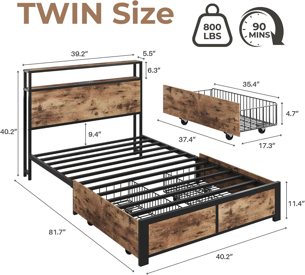 PHGLL Twin Bed Frame with 2-Tier Storage Headboard, Twin Size Metal Bed Frame with 2 Storage Drawers, 3-in-1 Charging Station & RGB LED, Noise-Free/Metal Support/No Box Spring Needed, Rustic Brown