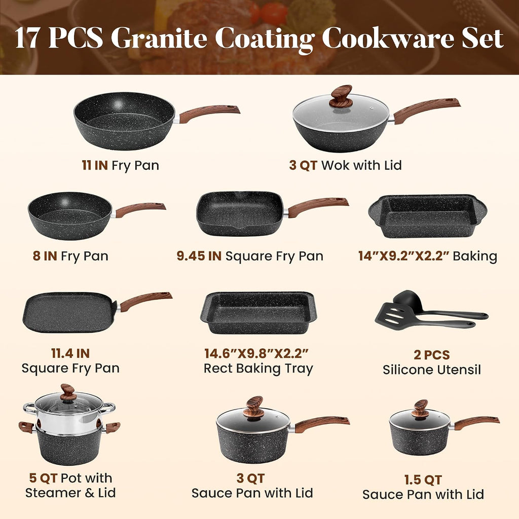 Kitchen Academy 17Pcs Induction Cookware Sets, Granite Pots and Pans Set Non Stick, Black Kitchen Cooking Pans, PFOA & PFOS Free