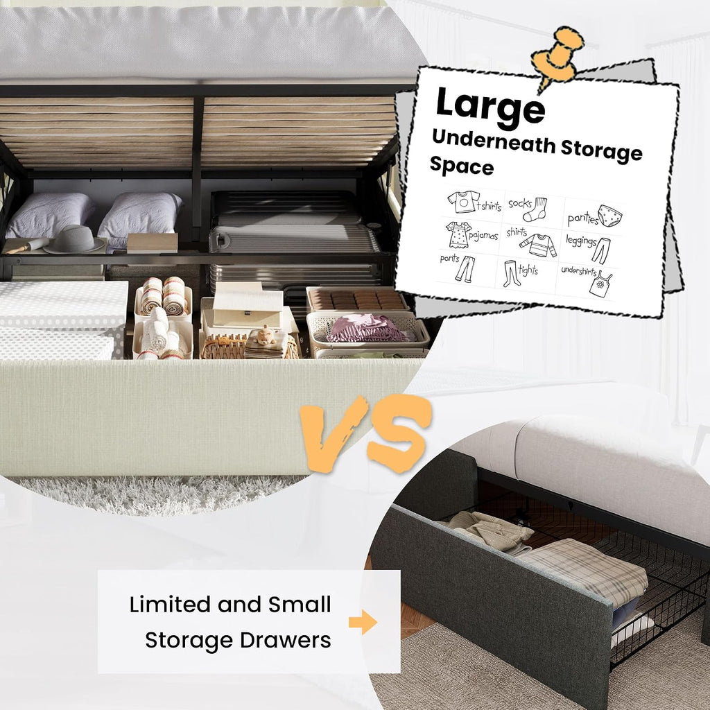 SHA CERLIN Full Size Lift Up Storage Bed/Chenille Fabric Upholstered/Modern Wingback Headboard/Platform Bed Frame/Hydraulic Storage/No Box Spring Needed/Wood Slats Support/Cream