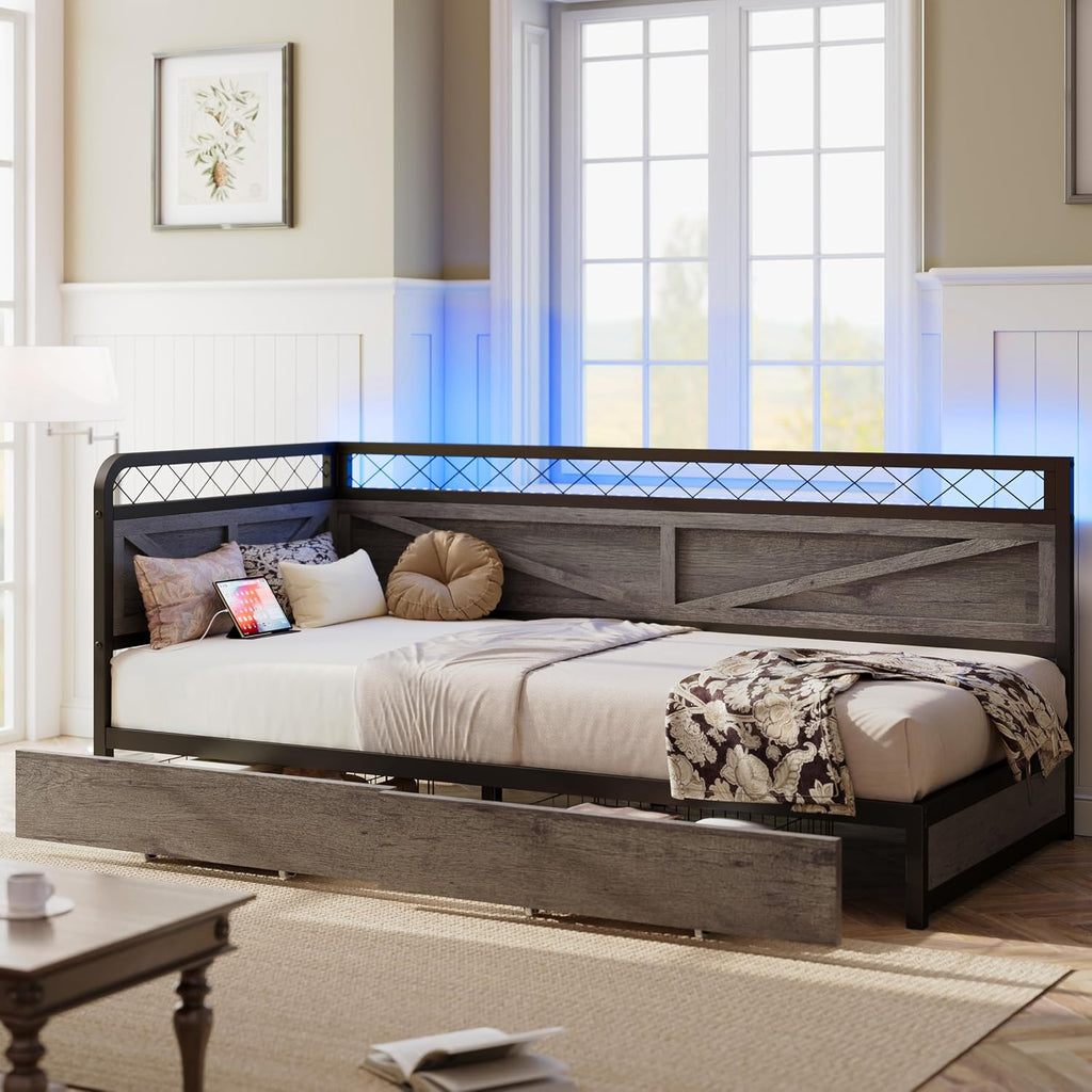 ANCTOR Twin XL Corner Bed Frame with Storage Drawers, Daybed with LED Lights and Charging Station, No Box Spring Needed, Heavy Duty, Easy Assembly for Living Room, Bedroom and Guest Room, Grey