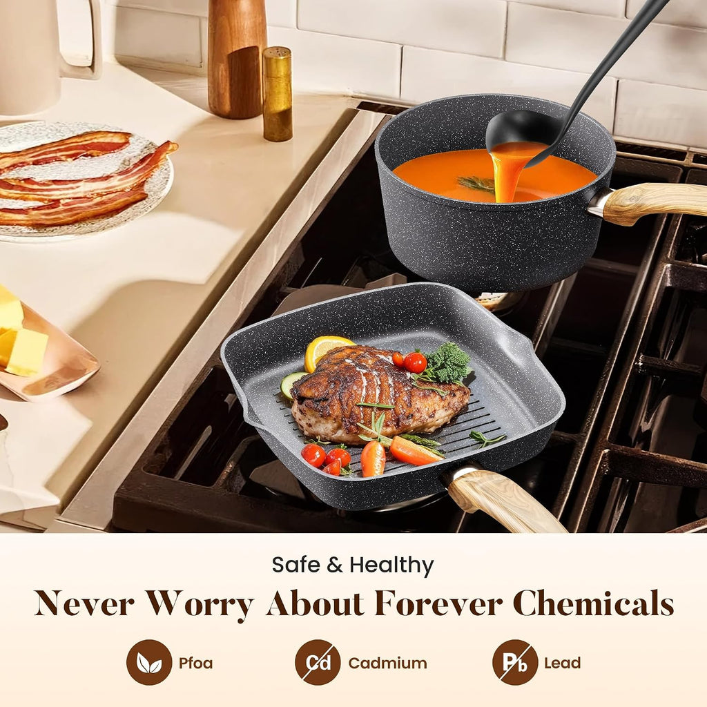 Kitchen Academy Granite Pots and Pans Set Non Stick - 17 Piece Nonstick Cookware Set, Induction Gray Cooking Pans Set, PFOA & PFOS Free.