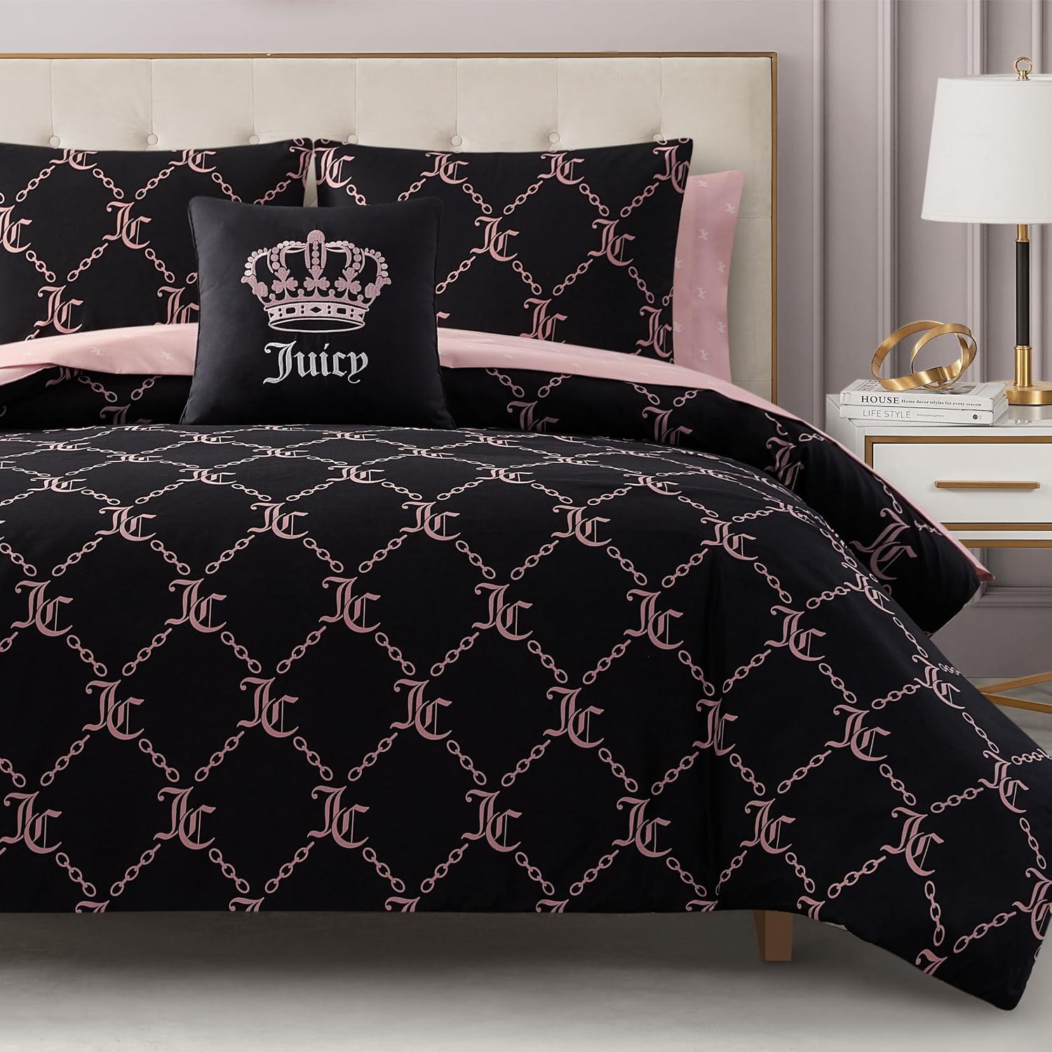 Juicy Couture Black Link Logo Printed Comforter Set, Twin – Complete 6-Piece Bed in a Bag Collection