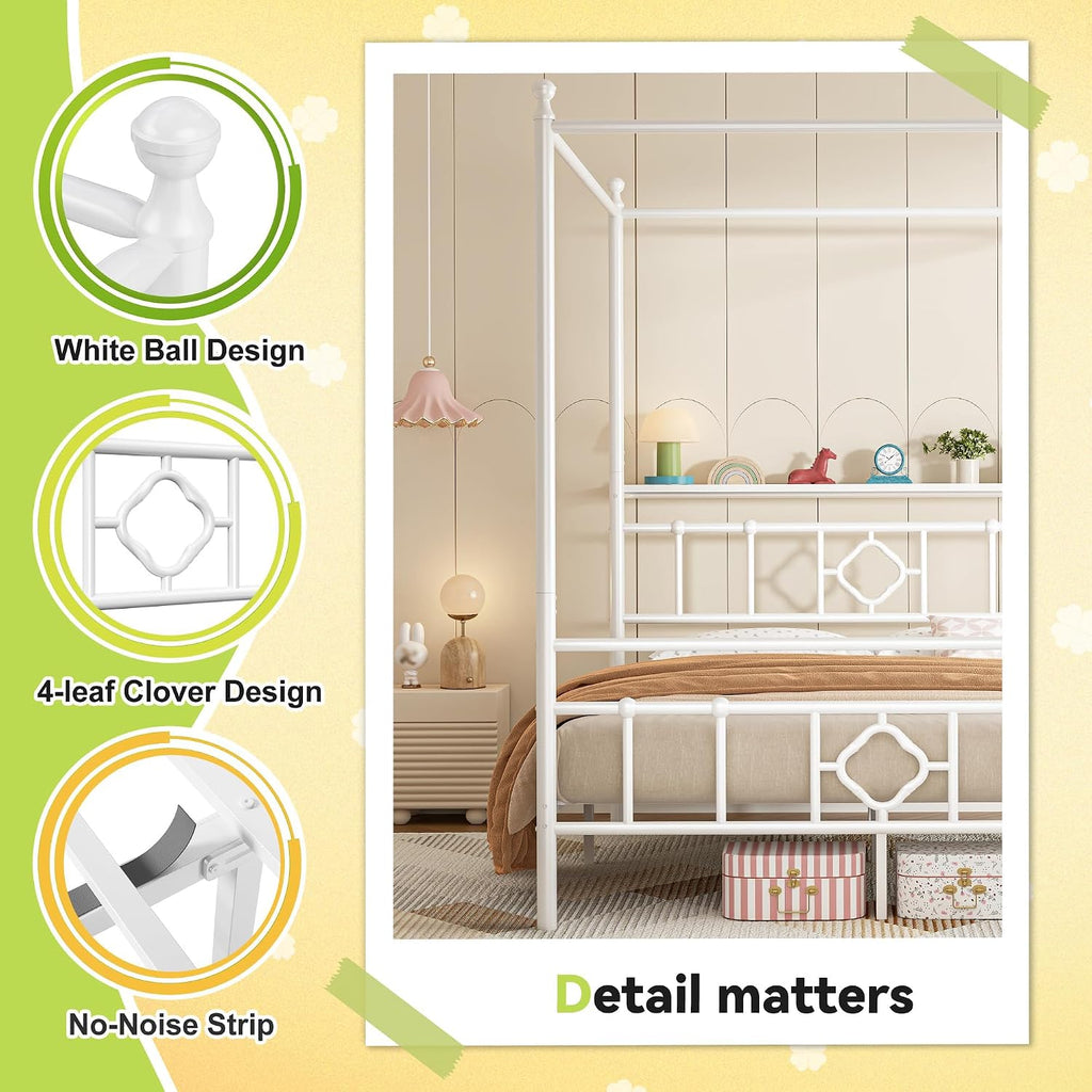 Homkdom Canopy Bed Frame with Storage Headboard, Full Size Bed Frame with 4 Removable Posts, Sturdy Metal Platform with Under-Bed Storage, Dual Purpose Bed Frame, No Box Spring Needed, White