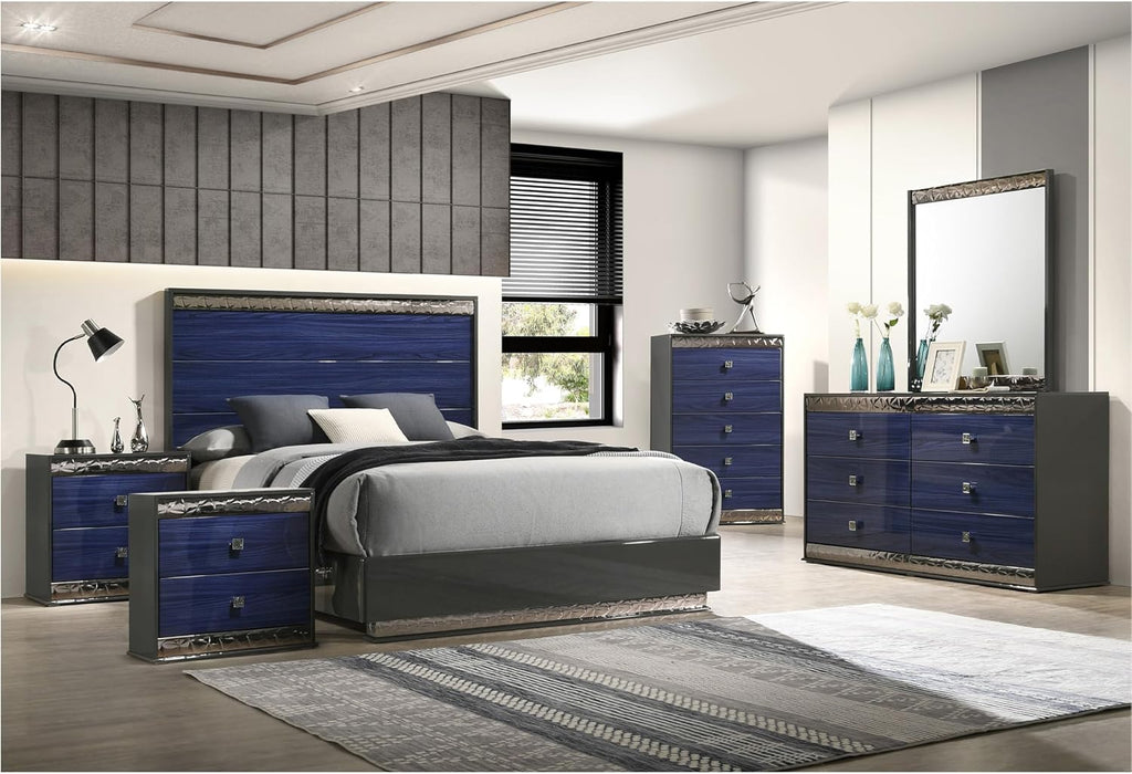 Furniture of America Scape Glam Solid Wood 6-Piece Bedroom Set with Geo Chrome Molding, Felt-Lined Top Drawer, Metal Side Glide, Square Knobs, No Box Spring Needed, King, Indigo Blue